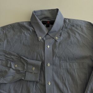 MEMBERS MARK MENS BUTTON UP LONG SLEEVE SHIRT BLUE STRIPED‎ SIZE L 16/32 POCKET